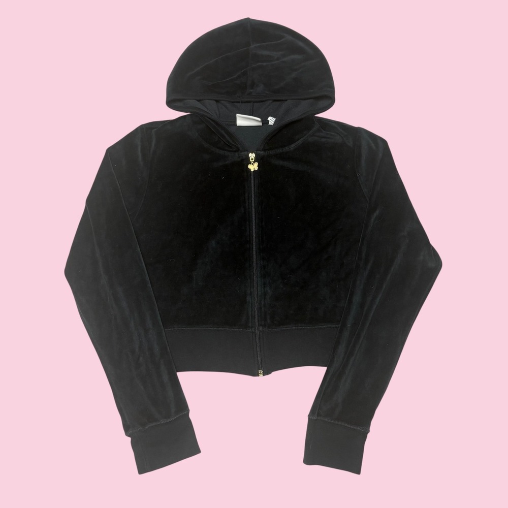 Aeropostale Black Velour Zip Up Hoodie Gold Butterfly Zipper Cropped XL Womens